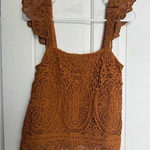 Sezane Elegant Lace Sleeveless Top in Brown